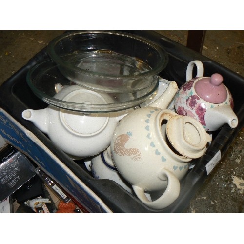 223 - DECORATIVE TEAPOTS, PLATES, AND PYREX DISHES