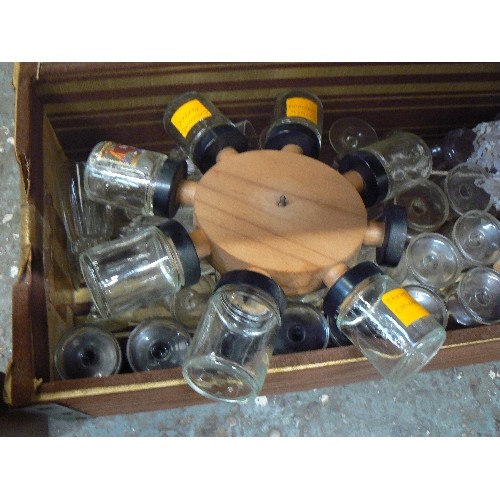 242A - WOODEN SPICE JAR WHEEL, TOGETHER WITH QUANTITY OF VINTAGE SHOT AND SHERRY GLASSES, SMALL WINE GLASSE... 