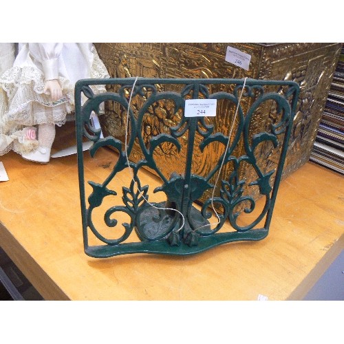 244 - GREEN CAST IRON COOK BOOK STAND.