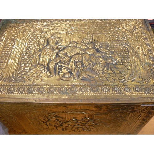 246 - BRASS COAL BOX. HINGED LID. CONTAINS HOUSEHOLD LINEN/CLOTHING.