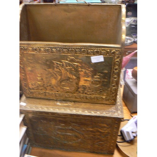 254 - VINTAGE BRASS COAL BOX AND MAGAZINE RACK. EMBOSSED WITH GALLEON-SEA SCENE.