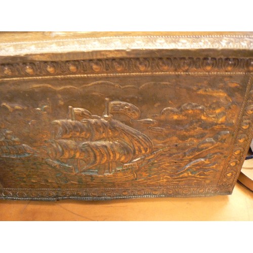 254 - VINTAGE BRASS COAL BOX AND MAGAZINE RACK. EMBOSSED WITH GALLEON-SEA SCENE.