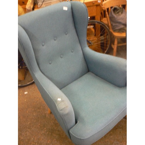 278 - TEAL-BLUE UPHOLSTERED WING-BACK CHAIR. APPEARS GOOD CLEAN CONDITION. BUTTON BACK