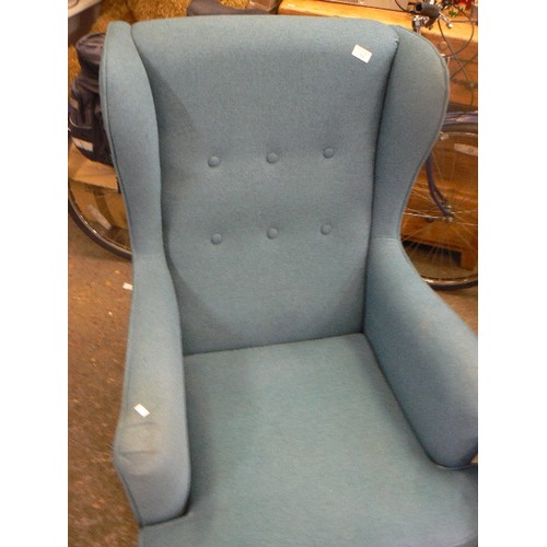 278 - TEAL-BLUE UPHOLSTERED WING-BACK CHAIR. APPEARS GOOD CLEAN CONDITION. BUTTON BACK