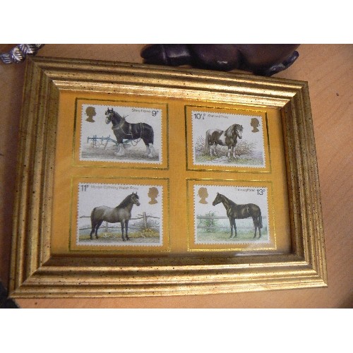 191 - LARGE ELEPHANT AND 2 PIGS. ALSO A DUCK BOTTLE OPENER, AND HORSE RELATED POSTAGE STAMPS IN A FRAME.