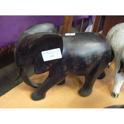 191 - LARGE ELEPHANT AND 2 PIGS. ALSO A DUCK BOTTLE OPENER, AND HORSE RELATED POSTAGE STAMPS IN A FRAME.