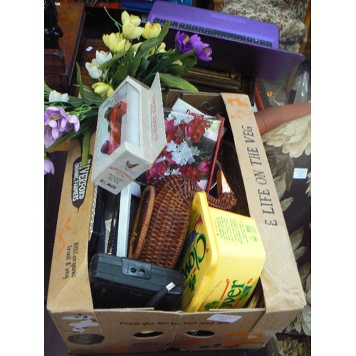 345 - MIXED LOT, INC BUSH TRANSISTER RADIO, VASE OF FAUX FLOWERS, PHOTOGRAPH FRAMES, DIE-CAST HOWDENS LORR... 