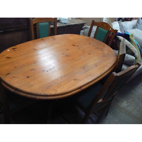 384 - DINING TABLE AND CHAIRS. DARK PINE OVAL TABLE. 4 MATCHING CHAIRS WITH GREEN UPHOLSTERED SEATS AND BA... 