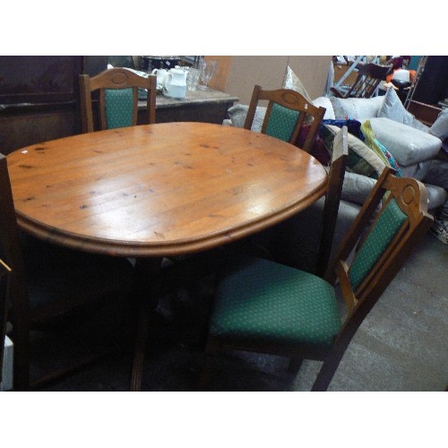 384 - DINING TABLE AND CHAIRS. DARK PINE OVAL TABLE. 4 MATCHING CHAIRS WITH GREEN UPHOLSTERED SEATS AND BA... 