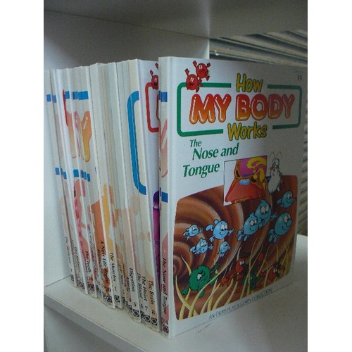 433 - 3 CUBES OF MIXED BOOKS - HOW MY BODY WORKS, THE BOOK OF KNOWLEDGE, LADYBIRD BOOKS ETC