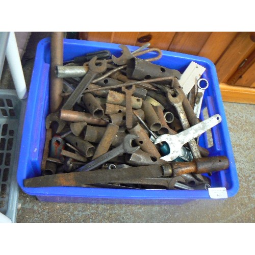 440 - HEAVY BOX OF TOOLING - SPANNERS, SOCKETS ETC