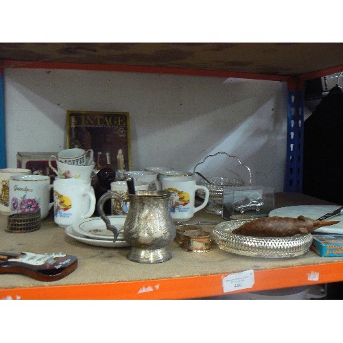 446 - SHELF OF MIXED CHINA, MARBLE CHEESE DISH, CLOCK CAR, BOXED SHERRY/PORT GLASSES