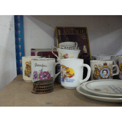 446 - SHELF OF MIXED CHINA, MARBLE CHEESE DISH, CLOCK CAR, BOXED SHERRY/PORT GLASSES