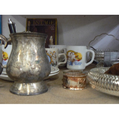 446 - SHELF OF MIXED CHINA, MARBLE CHEESE DISH, CLOCK CAR, BOXED SHERRY/PORT GLASSES