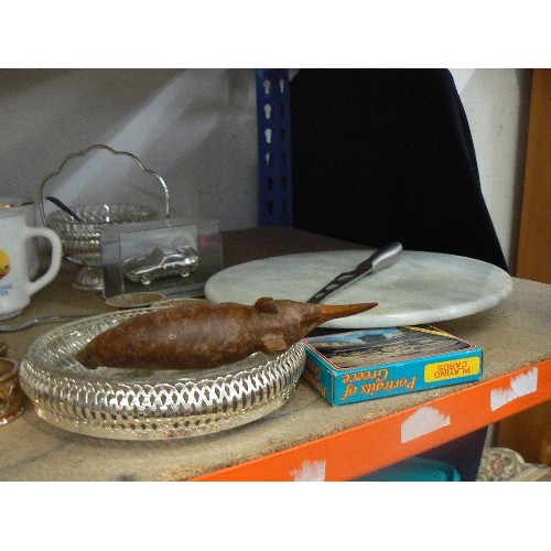 446 - SHELF OF MIXED CHINA, MARBLE CHEESE DISH, CLOCK CAR, BOXED SHERRY/PORT GLASSES