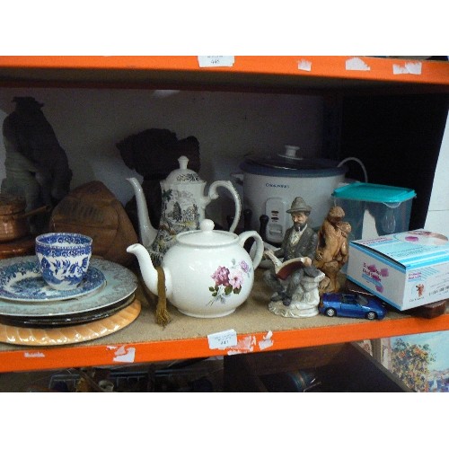 447 - SHELF OF MIXED ITEMS - DOG DOOR STOP, TEAPOTS, SLOW COOKER ETC