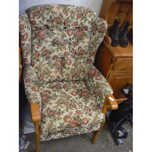 453 - BEECH FRAMED SEMI WINGBACK CHAIR WITH FLORAL UPHOLSTERY