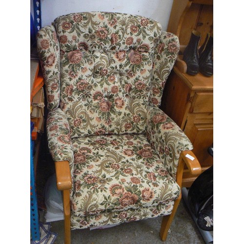 453 - BEECH FRAMED SEMI WINGBACK CHAIR WITH FLORAL UPHOLSTERY