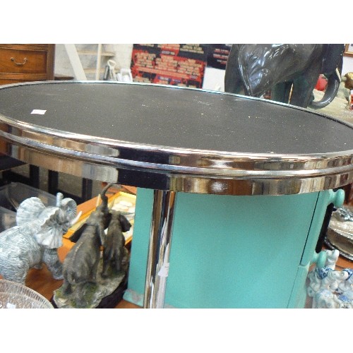 241 - SMALL CHROME EDGED PEDESTAL SIDE TABLE ON CHROME BASE.