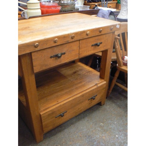 343 - SOLID OAK BUTCHERS BLOCK FARMHOUSE STYLE WITH UPPER & LOWER DRAWERS AND OPEN SHELF, TOWEL RAIL ETC. ... 