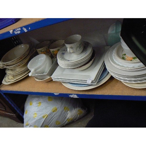 478 - SHELF OF J&G MEAKIN PART DINNER SET, PLATES, SOUP CUPS, GLASS CHOPPING BOARD ETC