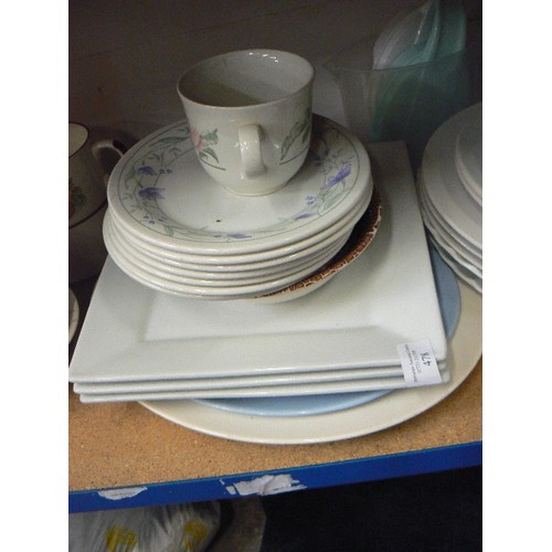 478 - SHELF OF J&G MEAKIN PART DINNER SET, PLATES, SOUP CUPS, GLASS CHOPPING BOARD ETC