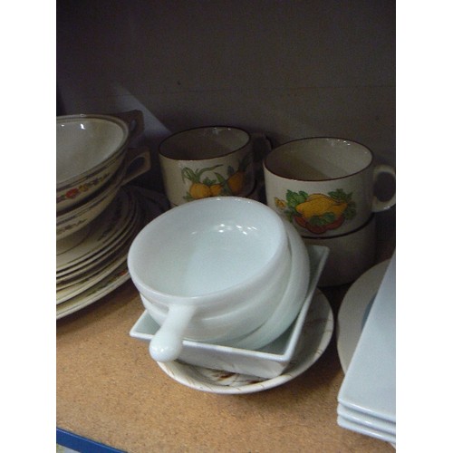 478 - SHELF OF J&G MEAKIN PART DINNER SET, PLATES, SOUP CUPS, GLASS CHOPPING BOARD ETC