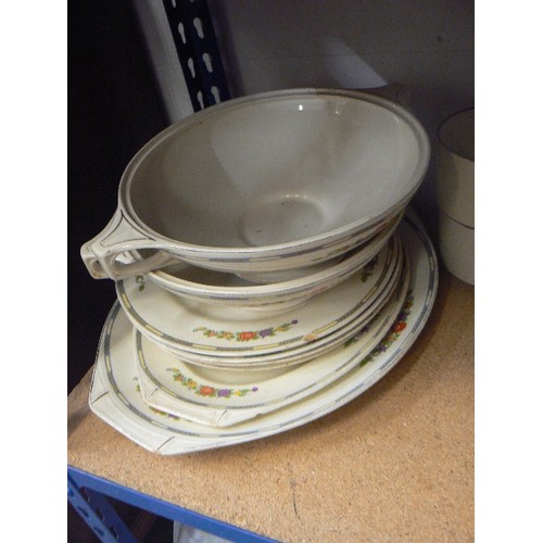 478 - SHELF OF J&G MEAKIN PART DINNER SET, PLATES, SOUP CUPS, GLASS CHOPPING BOARD ETC