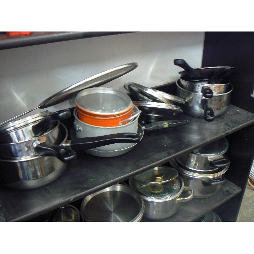 480 - 4 SHELVES OF SAUCEPANS (MOST WITH LIDS) COLLINDERS ETC