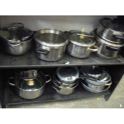 480 - 4 SHELVES OF SAUCEPANS (MOST WITH LIDS) COLLINDERS ETC