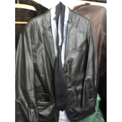 487 - 3 BLACK LEATHER JACKETS DP SIZE 12 AND 2  SIZE 38, BROWN LEATHER SIZE M JACKET AND BROWN SUEDE JACKE... 