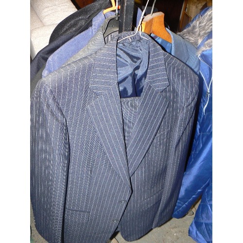 488 - NAVY BLUE SUIT, GREY STIPPED SUIT AND WAISTCOAT, DENIM JACKET, BEN SHERMAN JACKET, BLACK STRIPPED SU... 