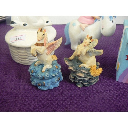 90A - 2 SMALL UNICORN TRINKET BOXES, CERAMIC UNICORN TRIMKET BOX, UNICORN TRINKET BOX IN SHAPE OF PRESENT,... 