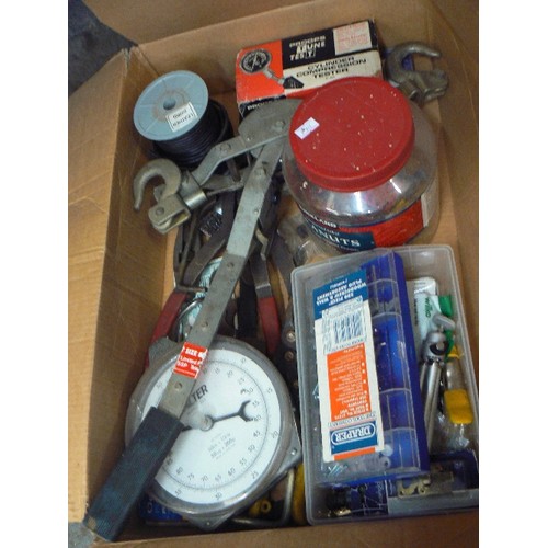 121A - BOX OF TOOLING - WINCH, SCREWS, SALTER SCALES, COMPRESSION TESTER ETC