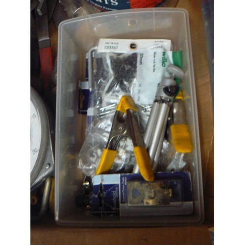 121A - BOX OF TOOLING - WINCH, SCREWS, SALTER SCALES, COMPRESSION TESTER ETC