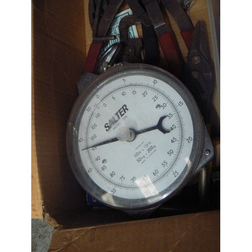 121A - BOX OF TOOLING - WINCH, SCREWS, SALTER SCALES, COMPRESSION TESTER ETC