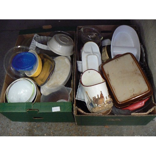 121C - 2 BOXES OF MIXED CHINA, PYREX, OVEN DISHES ETC