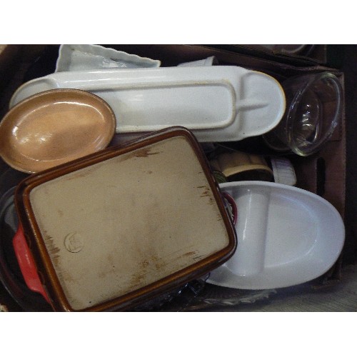 121C - 2 BOXES OF MIXED CHINA, PYREX, OVEN DISHES ETC