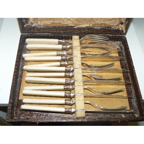 158 - SET OF FISH KNIVES AND FORKS WITH SILVER HALLMARKED COLLARS AND LARGE FORK AND KNIFE WITH SILVER HAL... 