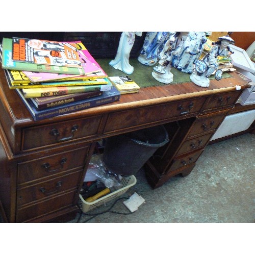 394 - VINTAGE VENEERED DESK, WITH GREEN LEATHER WRITING INSERT. 9 X DRAWERS.