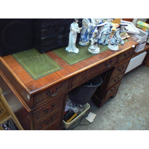 394 - VINTAGE VENEERED DESK, WITH GREEN LEATHER WRITING INSERT. 9 X DRAWERS.