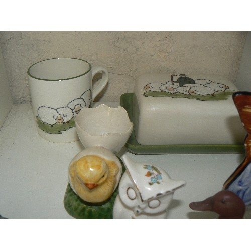 164 - CUBE OF ANIMAL FIGURES - SHEEP MUG AND MATCHING BUTTER DISH, DUCKS, GLASS BIRD ETC