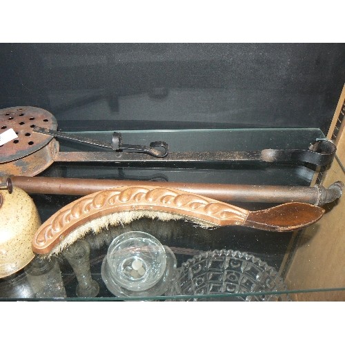 169A - VINTAGE CHESTNUT ROASTER, COPPER CRUMB BRUSH, POTTERY OIL LAMP BASE,PICNIC STOVE ETC