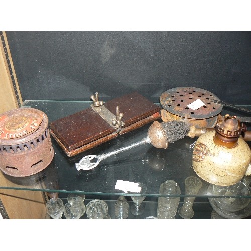 169A - VINTAGE CHESTNUT ROASTER, COPPER CRUMB BRUSH, POTTERY OIL LAMP BASE,PICNIC STOVE ETC