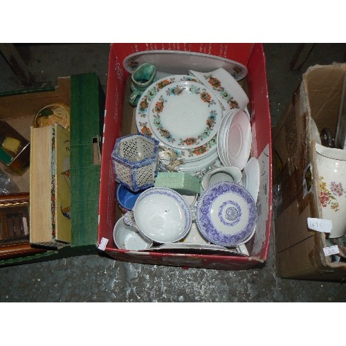 169C - 3 BOXES OF MIXED CHINA , SADLER TEAPOT , PICKLED ONION POT, PYREX PLATES ETC