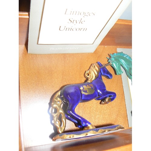 184A - FRANKLIN MINT CERAMIC UNICORN COLLECTION WITH DISPLAY STAND - PARIAN UNICORN, RUSSIAN LACQUER UNICOR... 