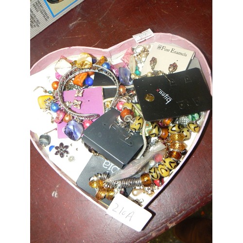 210A - TUB OF COSTUME JEWELLERY - PANDORS STYLE BRACELET AND CHARMS, EARRINGS ETC