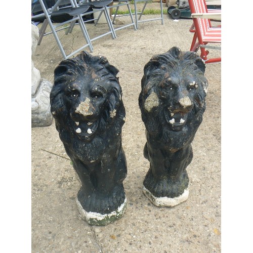 492 - PAIR OF PAINTED VINTAGE HEAVY CONCRETE LION GARDEN STATUES