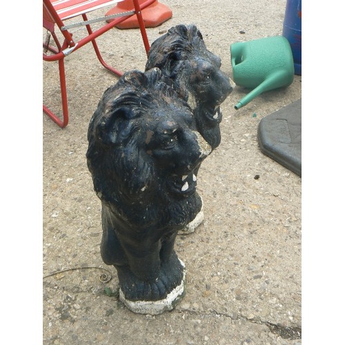 492 - PAIR OF PAINTED VINTAGE HEAVY CONCRETE LION GARDEN STATUES