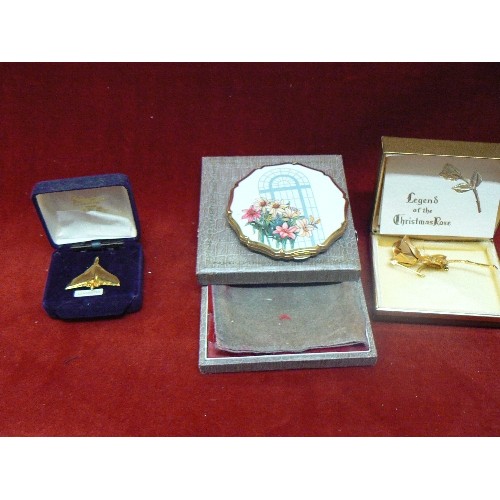 62 - CASE OF MIXED JEWELLERY AND ITEMS - STRATTON COMPACT, GOLD METAL LANCASTER BADGE, GOLD METAL CHRISTM... 